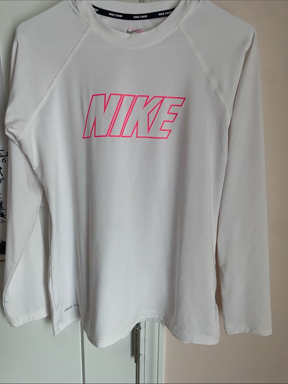 Nike White Long Sleeve Performance Top with Neon Pink Logo